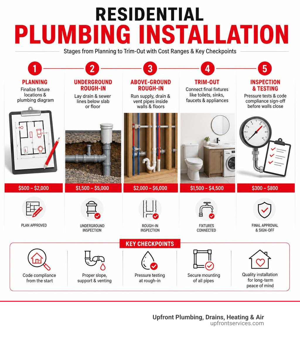 Residential plumbing installation stages from planning to trim-out with cost ranges and key checkpoints infographic