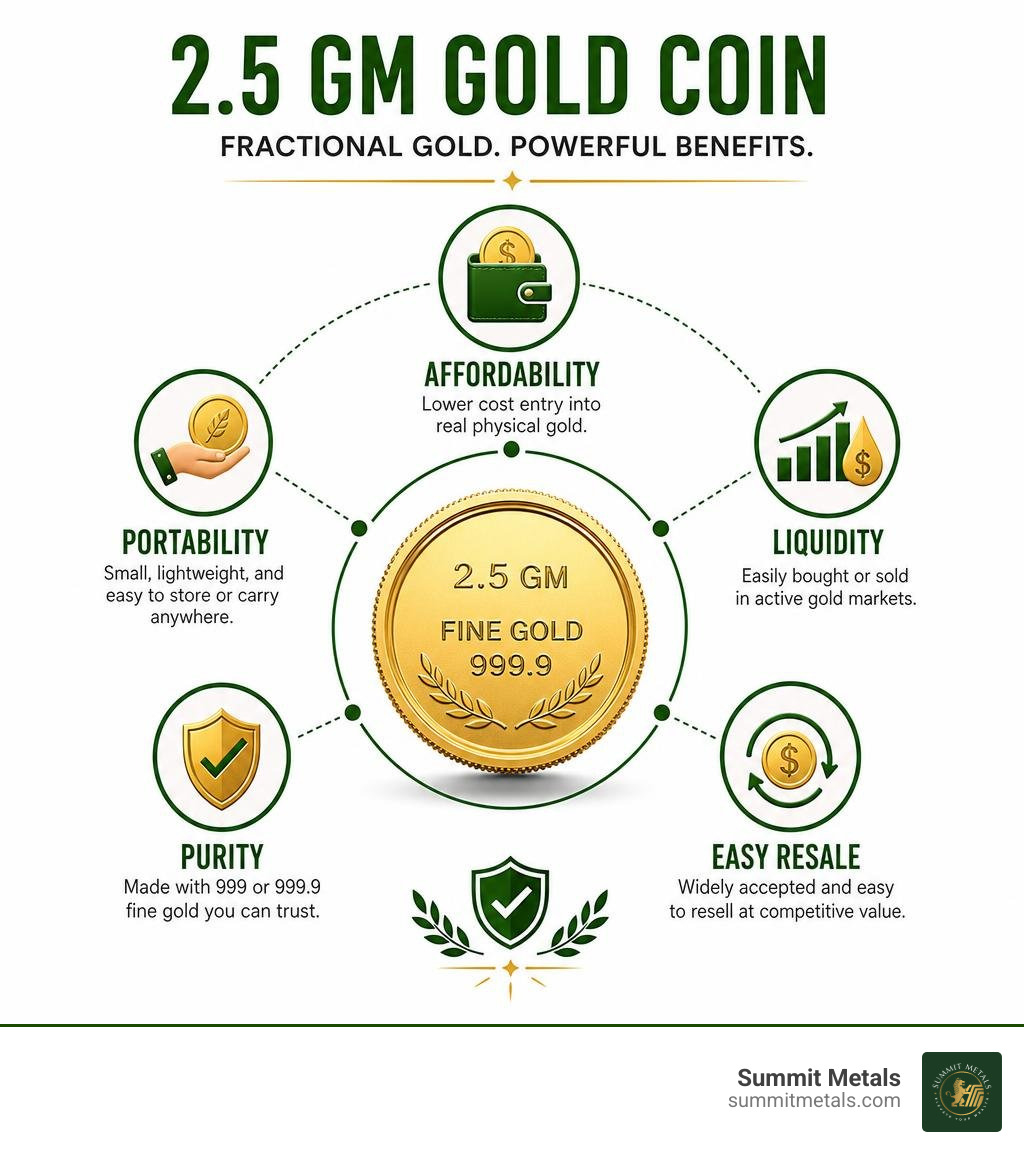 Infographic showing fractional gold benefits: affordability, portability, liquidity, purity, and easy resale of 2.5 gm gold
