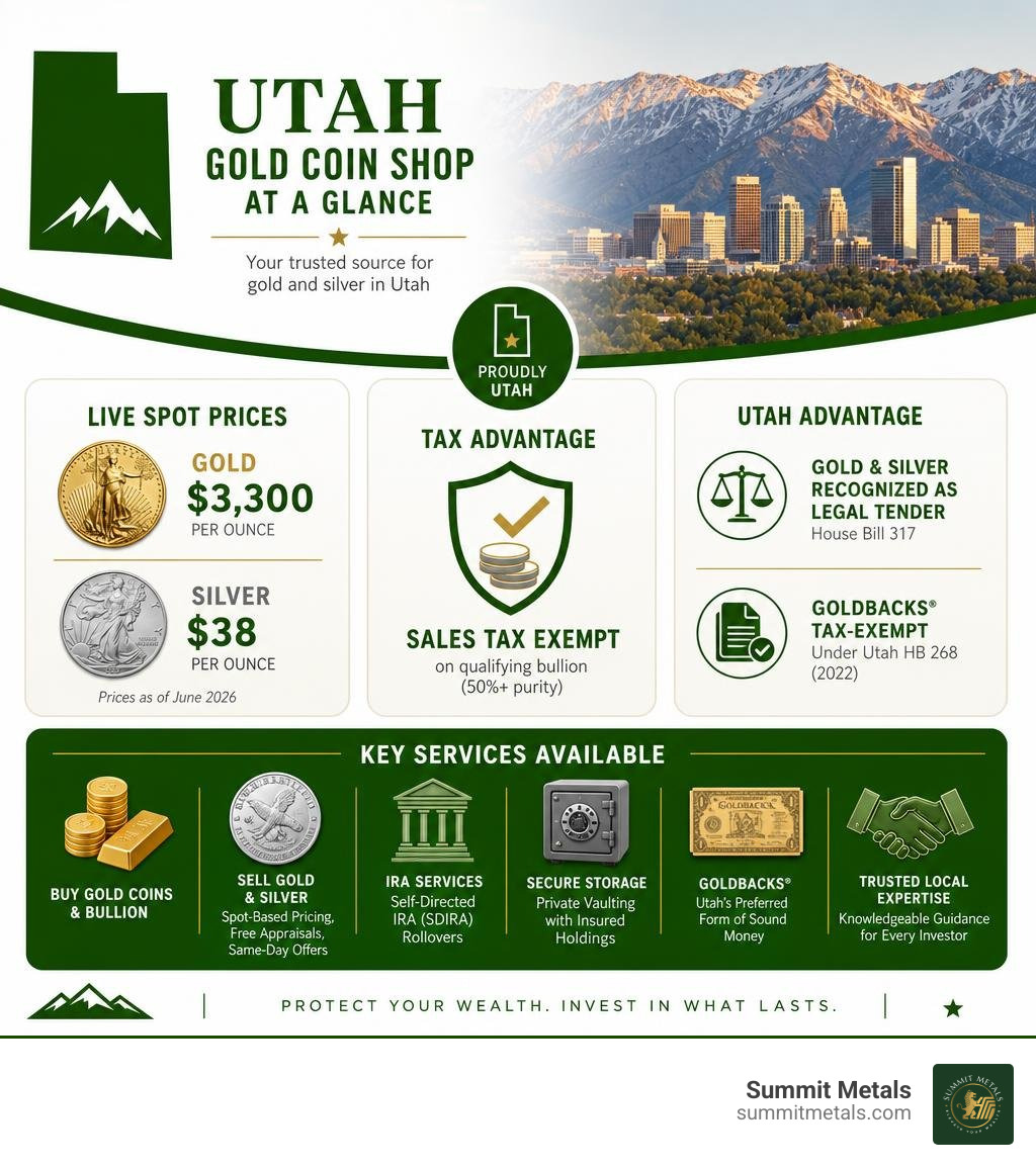 Infographic showing Utah gold coin shop options, gold price at $3300, silver at $38, tax exemptions, and key services