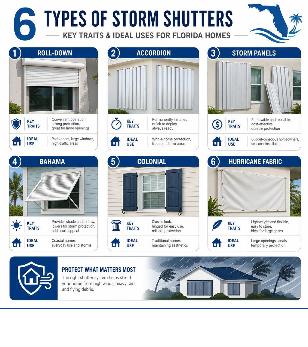 Infographic showing 6 types of storm shutters with icons, key traits, and ideal use cases for Florida homes infographic Infographic showing 6 types of storm shutters with icons, key traits, and ideal use cases for Florida homes infographic