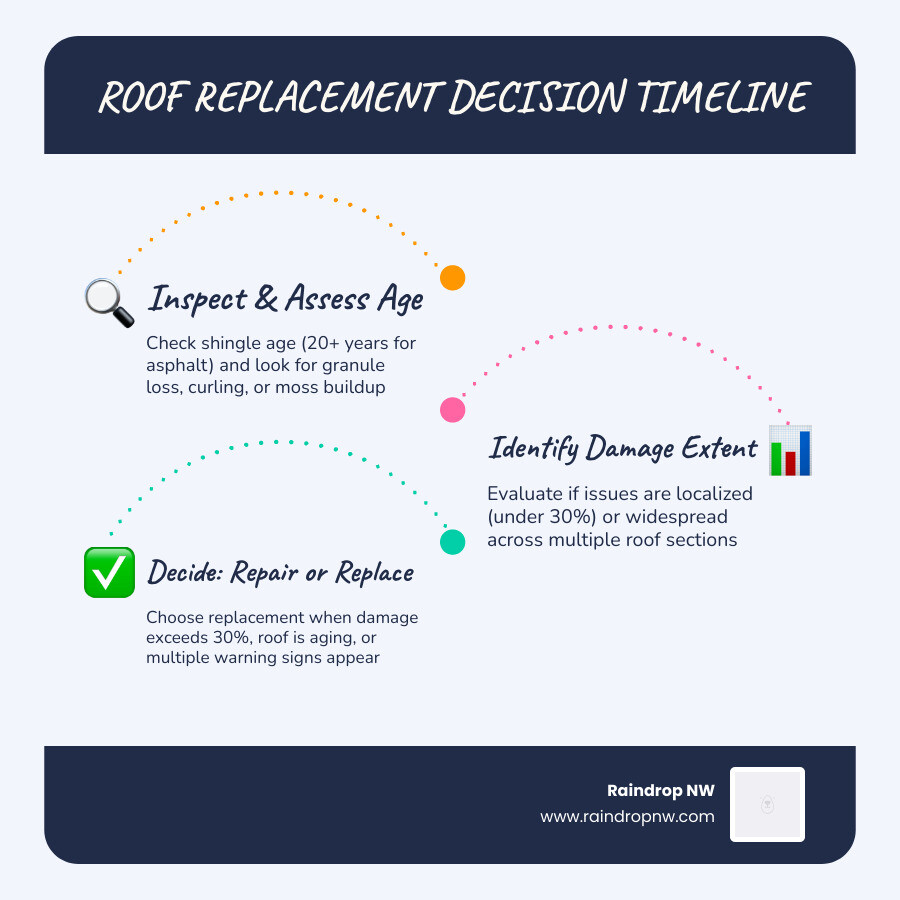 Roof replacement decision timeline infographic showing age thresholds, warning signs, and repair vs replace criteria