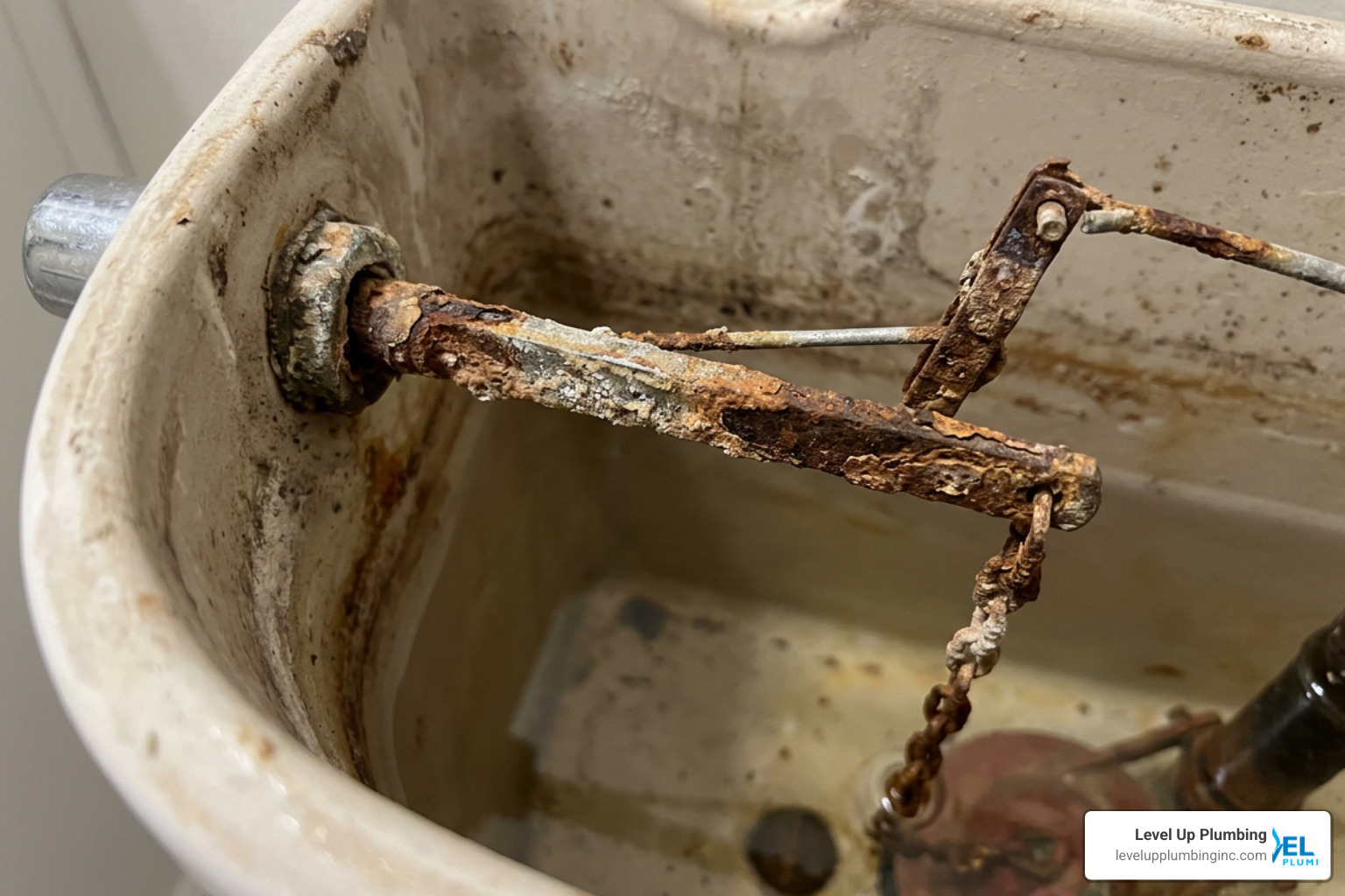 corroded and rusted toilet trip lever inside tank