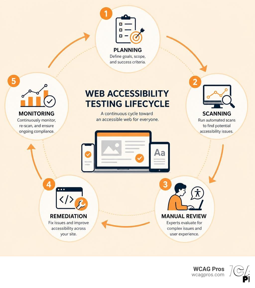 web accessibility testing lifecycle infographic showing planning scanning manual review remediation and monitoring web accessibility testing lifecycle infographic showing planning scanning manual review remediation and monitoring