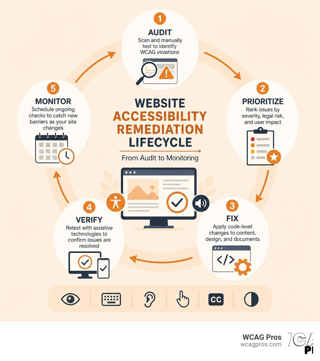 Website accessibility remediation lifecycle from audit to monitoring infographic Website accessibility remediation lifecycle from audit to monitoring infographic