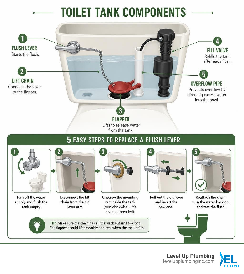 Infographic showing toilet tank components including flush lever, lift chain, flapper, fill valve, and overflow pipe with