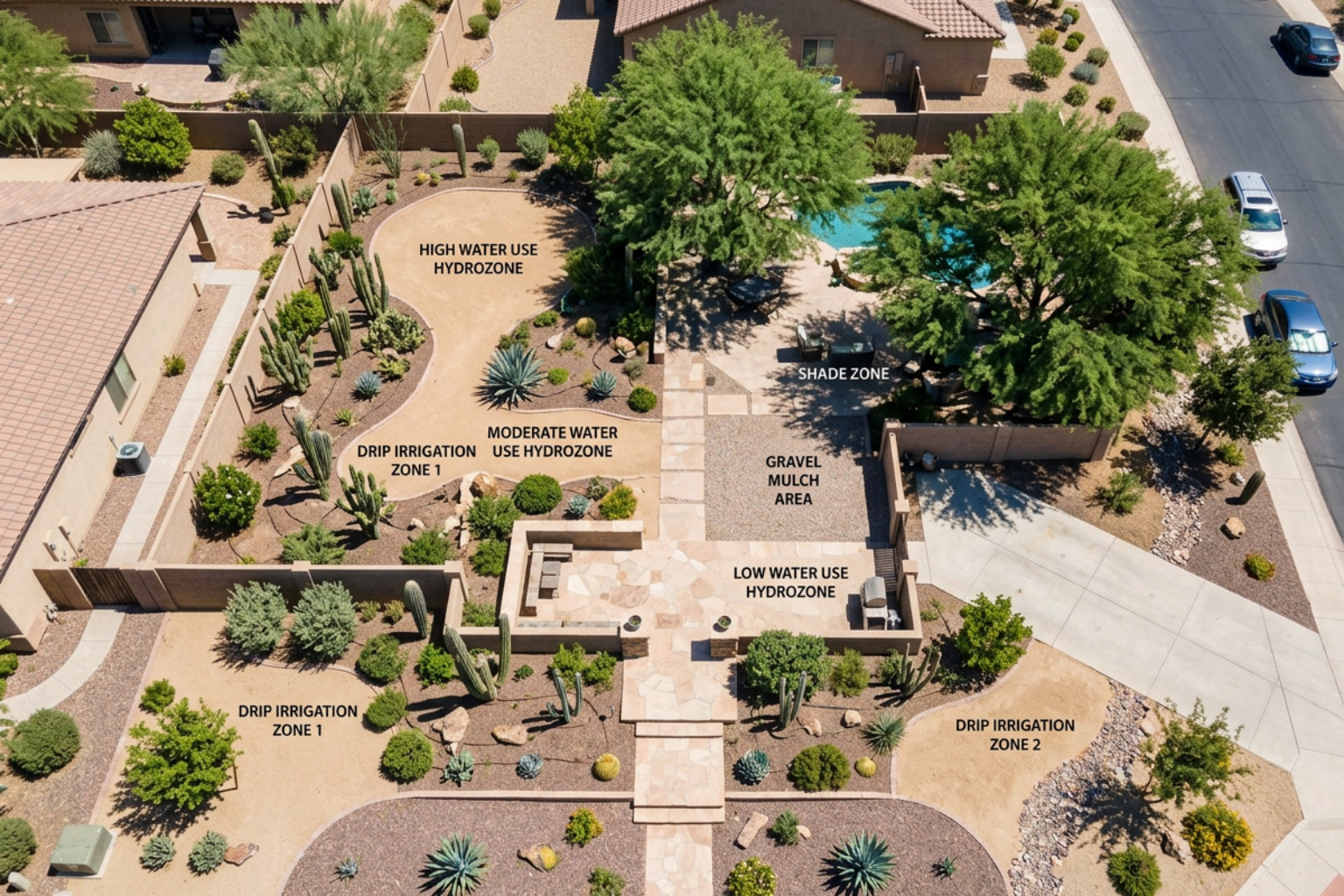 Professional zoning map of a residential desert yard showing hydrozones