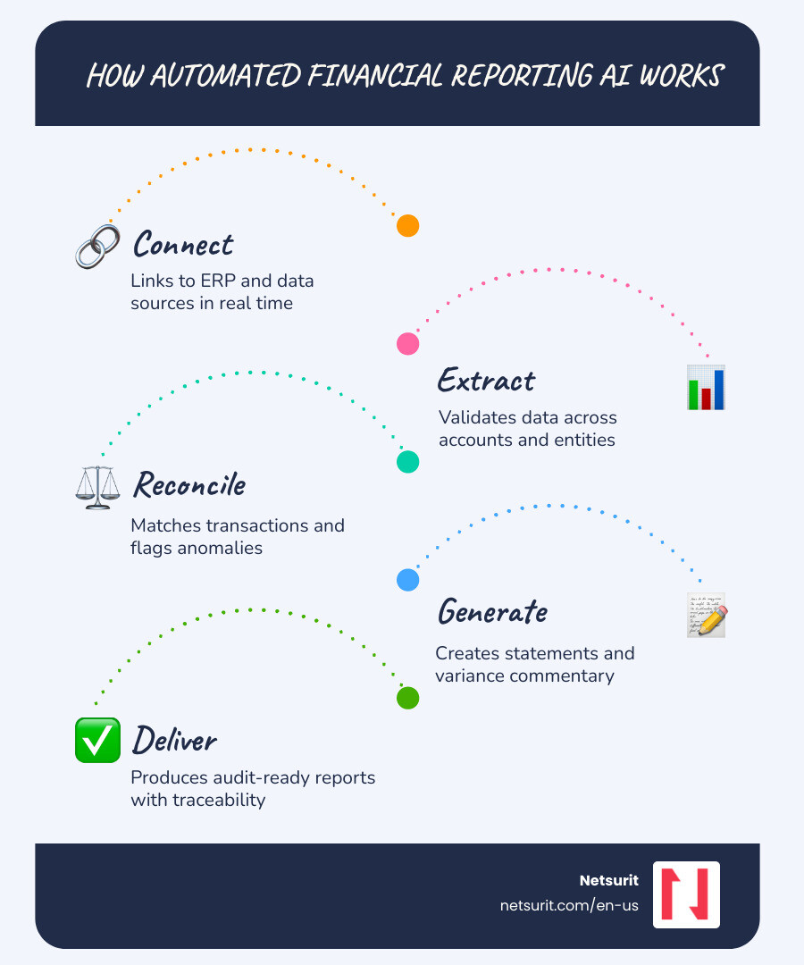 Traditional vs AI financial reporting workflow steps and time savings comparison infographic