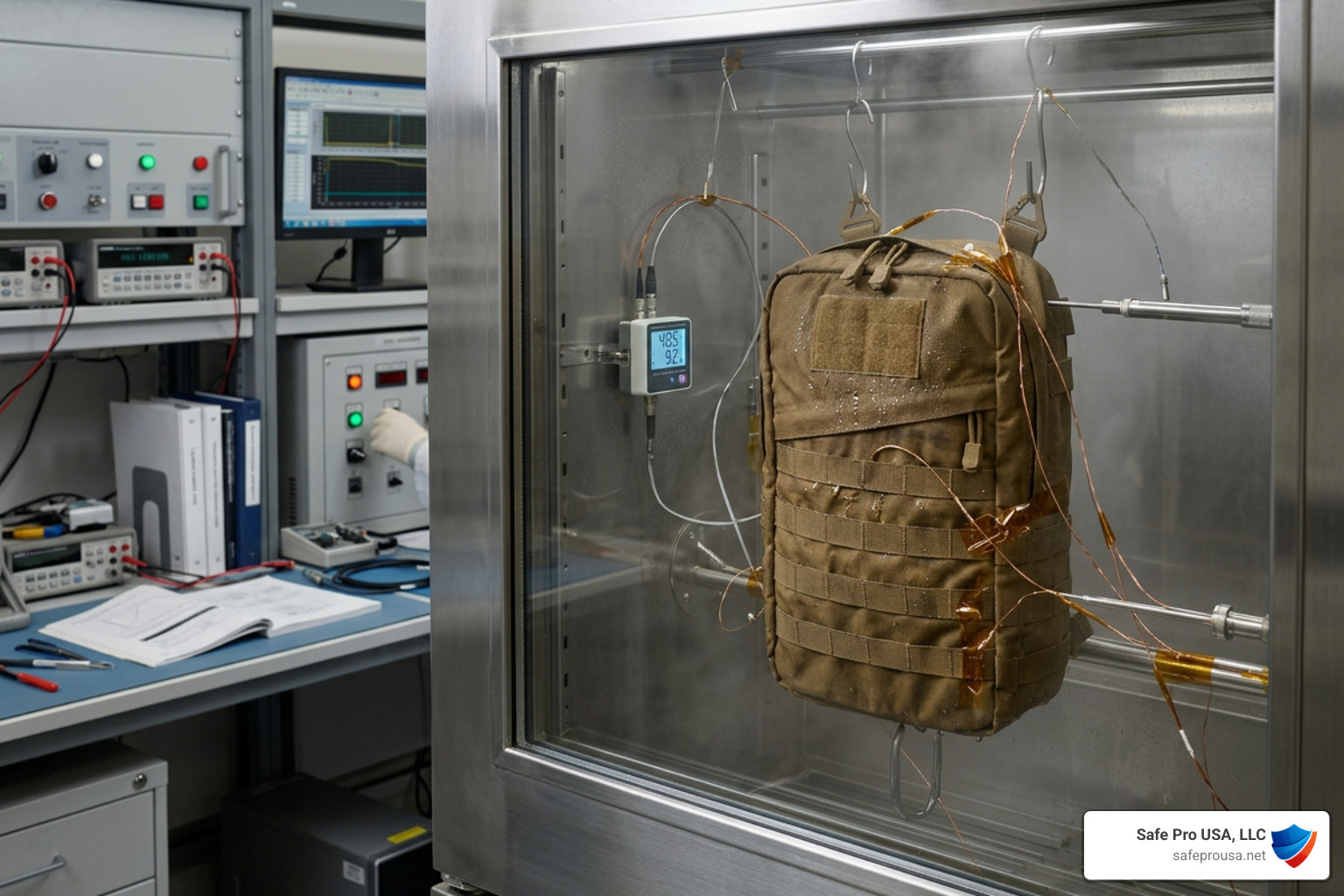 Tactical pouch undergoing environmental testing inside a laboratory chamber Tactical pouch undergoing environmental testing inside a laboratory chamber