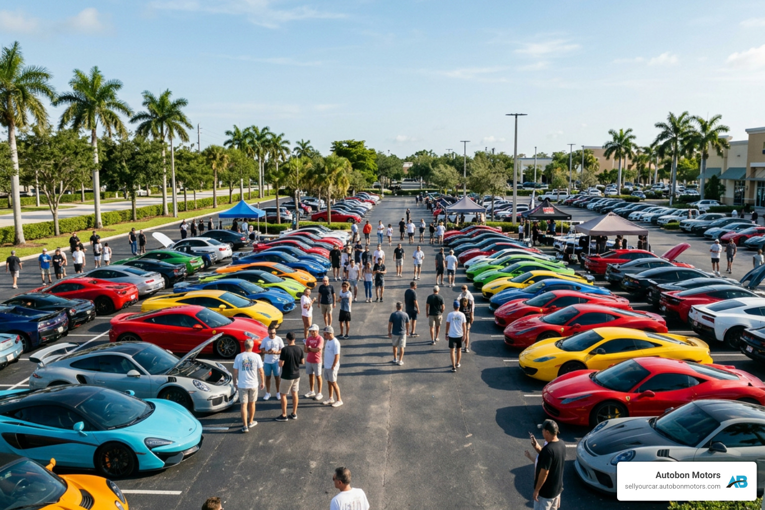 A vibrant South Florida cars and coffee event featuring rows of parked exotic supercars and enthusiasts A vibrant South Florida cars and coffee event featuring rows of parked exotic supercars and enthusiasts