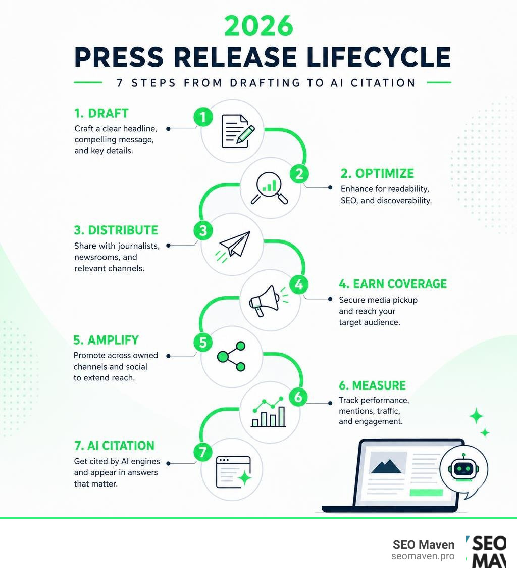 2026 press release lifecycle infographic showing 7 steps from drafting to AI citation infographic