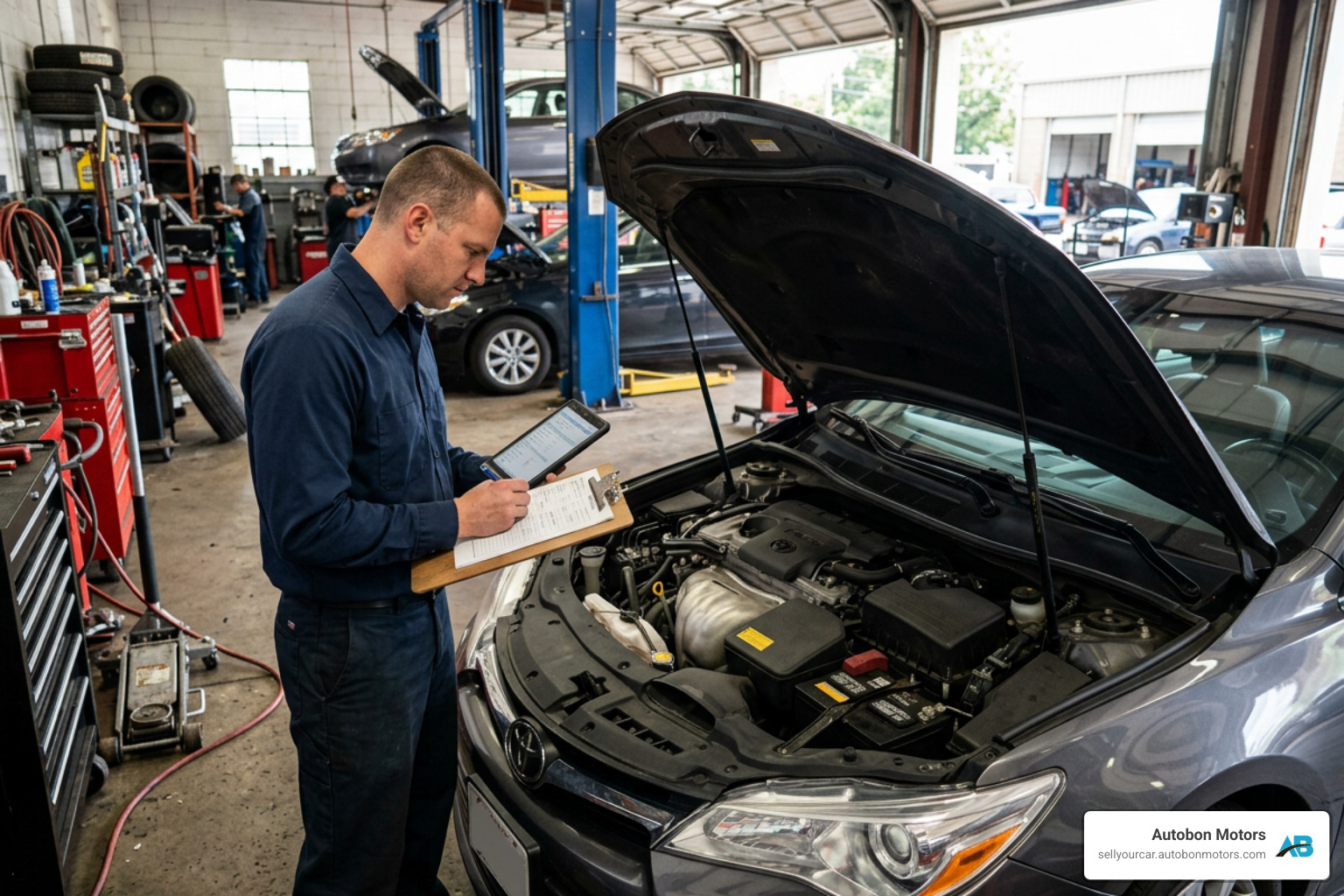 A professional appraiser inspecting a vehicle's engine bay and preparing a valuation report A professional appraiser inspecting a vehicle's engine bay and preparing a valuation report