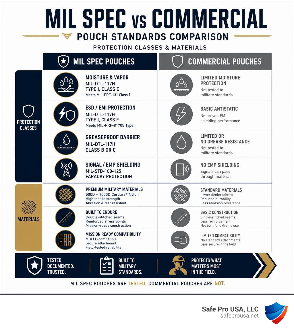 Mil spec vs commercial pouch standards infographic comparing protection classes and materials infographic Mil spec vs commercial pouch standards infographic comparing protection classes and materials infographic