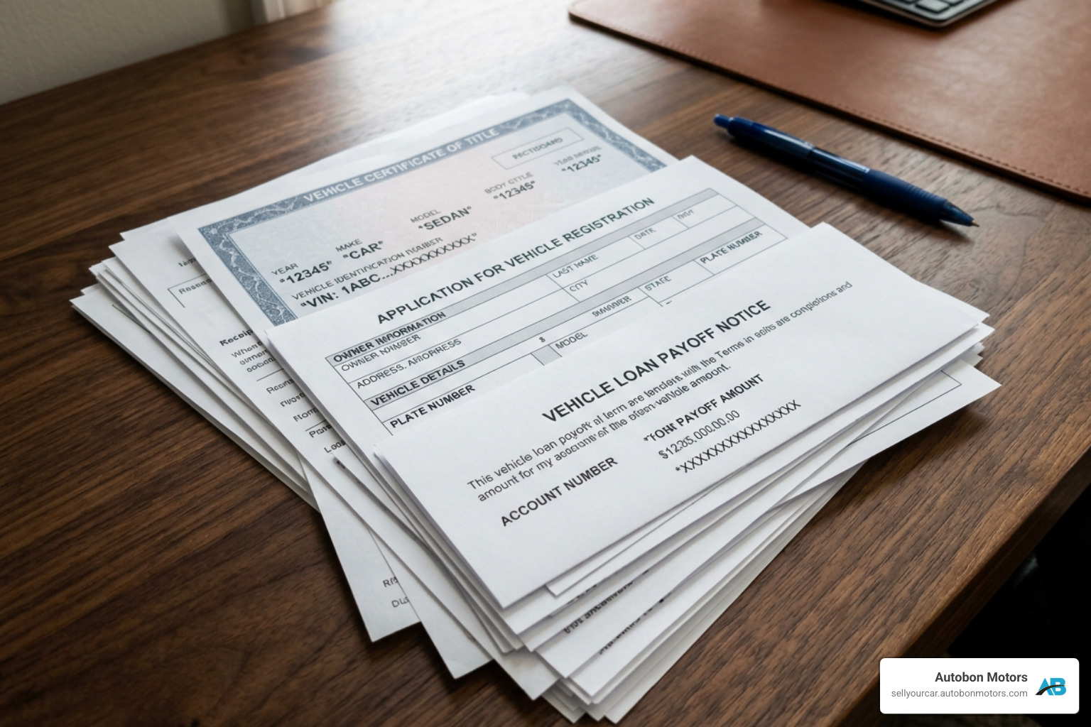 An organized stack of vehicle title, registration, and loan payoff documents on a desk An organized stack of vehicle title, registration, and loan payoff documents on a desk