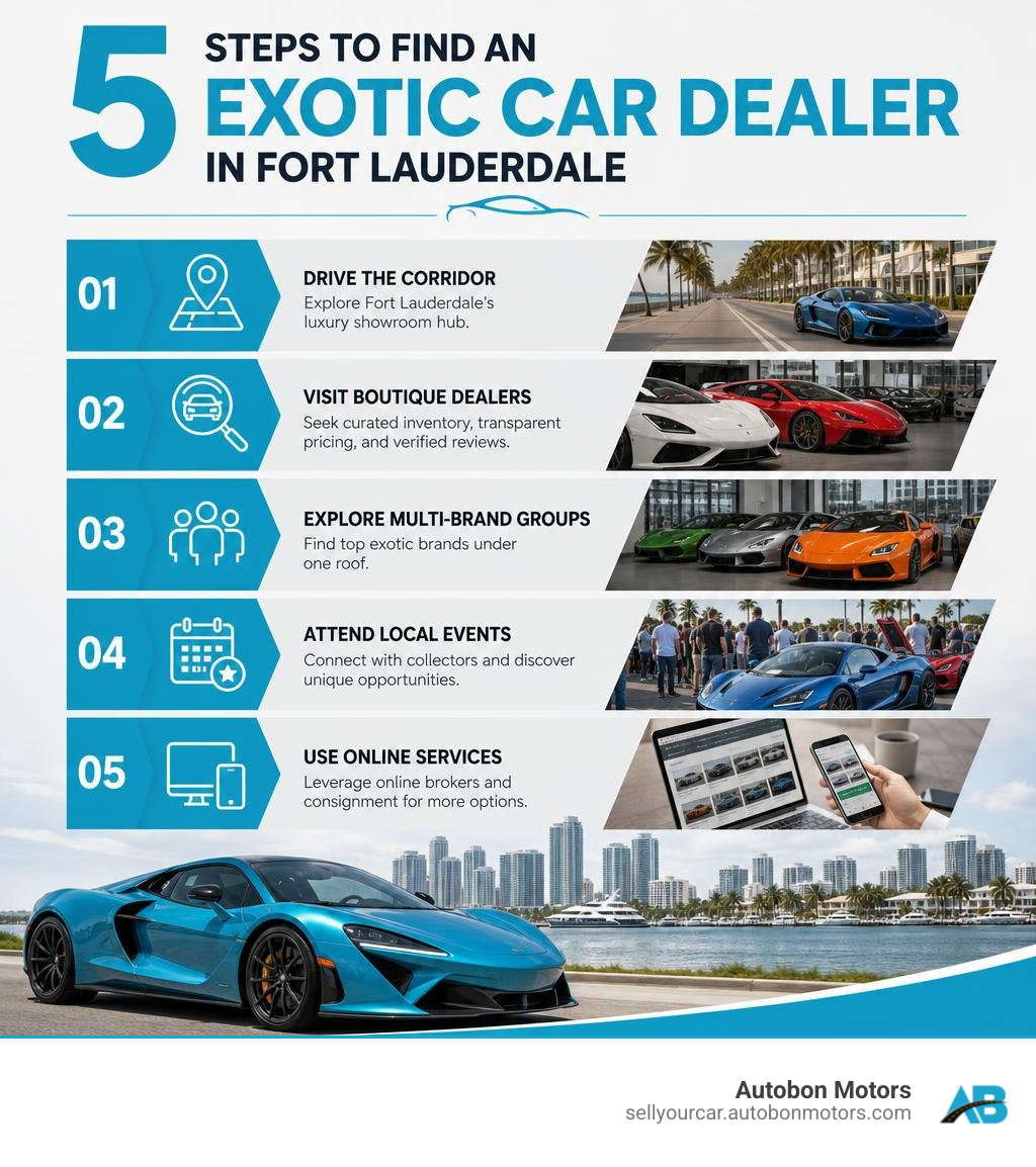 Infographic showing 5 steps to find an exotic car dealer in Fort Lauderdale with tips on transparency and inventory Infographic showing 5 steps to find an exotic car dealer in Fort Lauderdale with tips on transparency and inventory