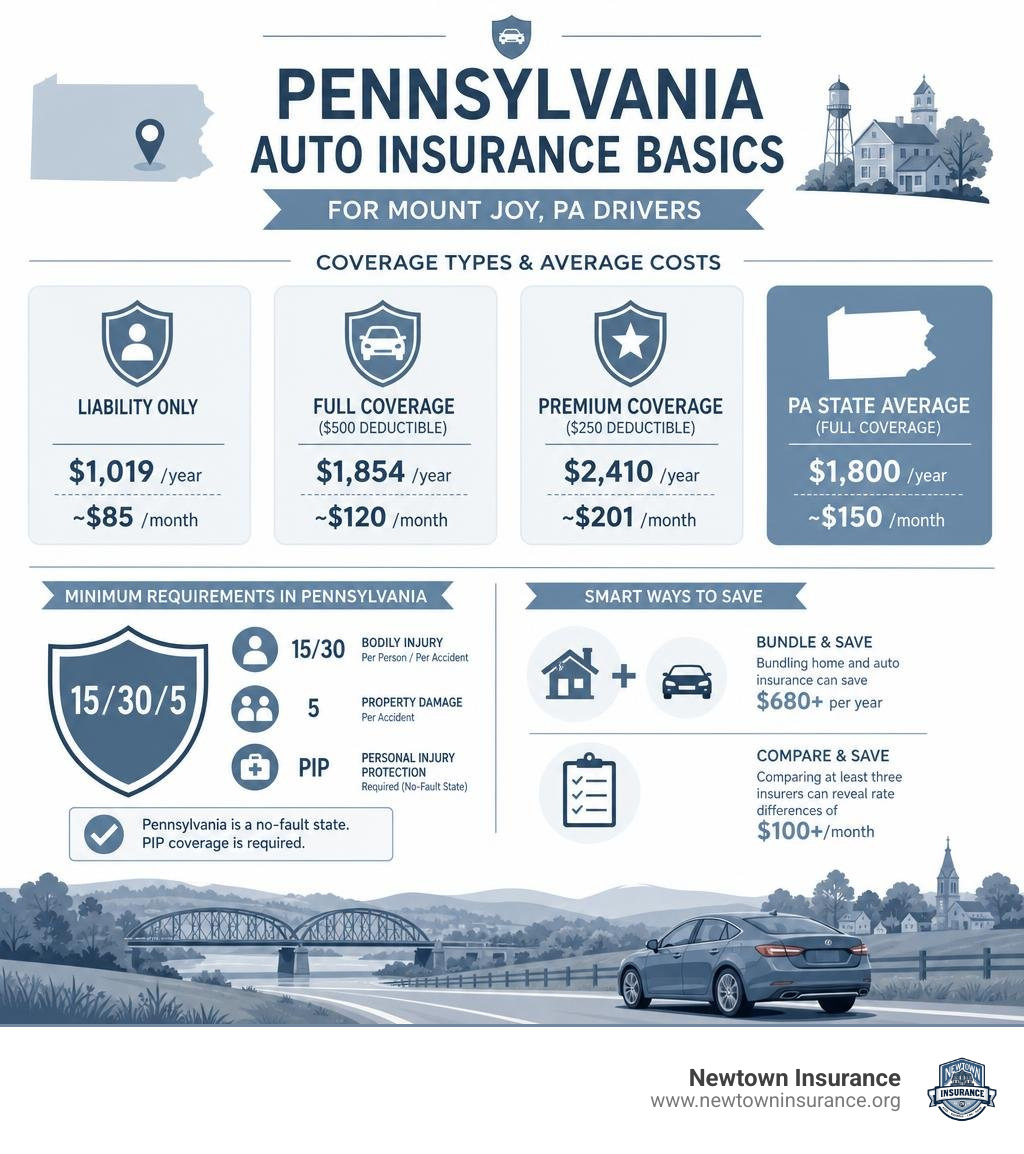 Pennsylvania auto insurance basics infographic: coverage types, minimum requirements, average costs in Mount Joy PA Pennsylvania auto insurance basics infographic: coverage types, minimum requirements, average costs in Mount Joy PA