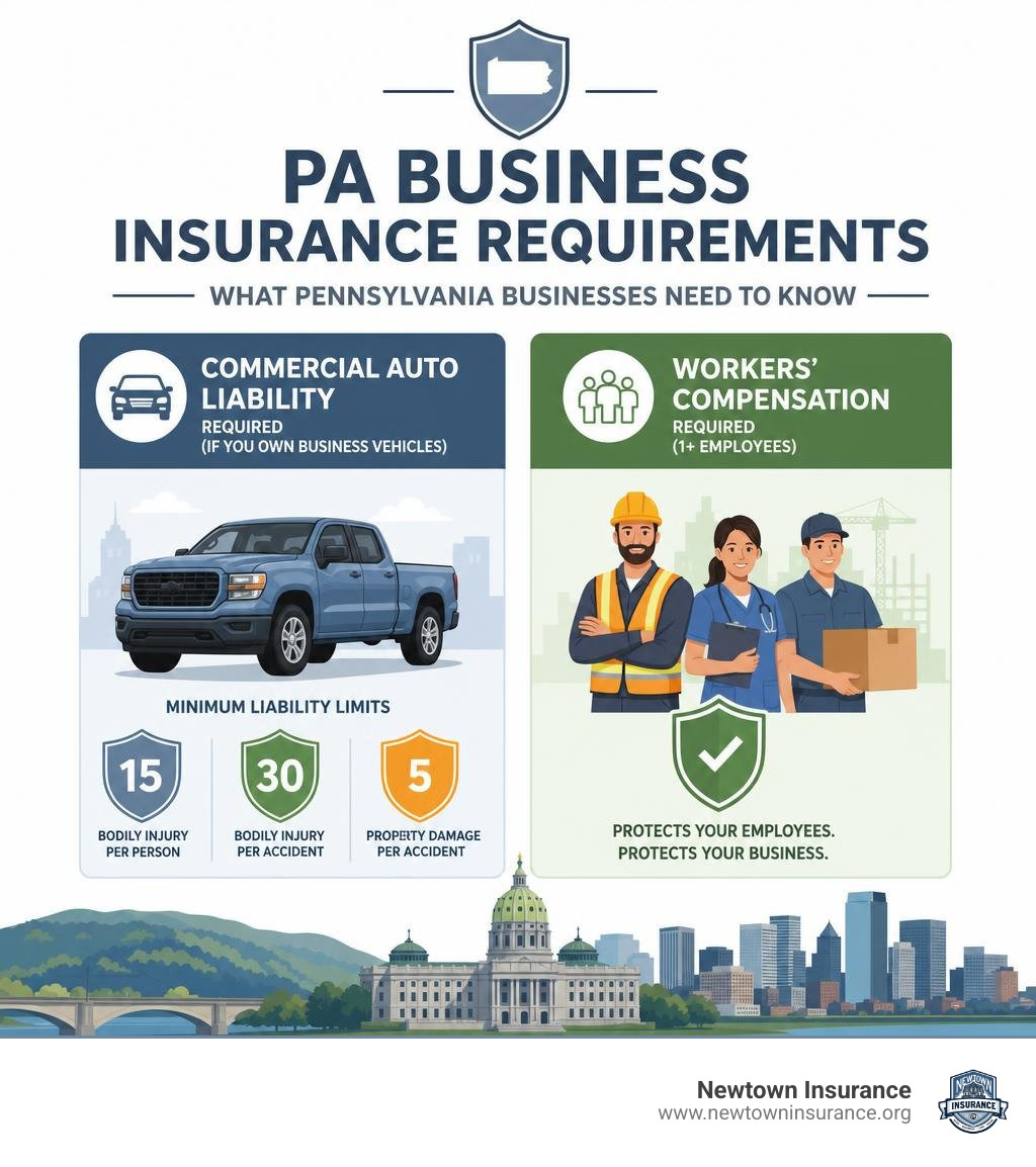 PA business insurance requirements infographic: auto liability 15/30/5, workers comp required for 1+ employees infographic PA business insurance requirements infographic: auto liability 15/30/5, workers comp required for 1+ employees infographic