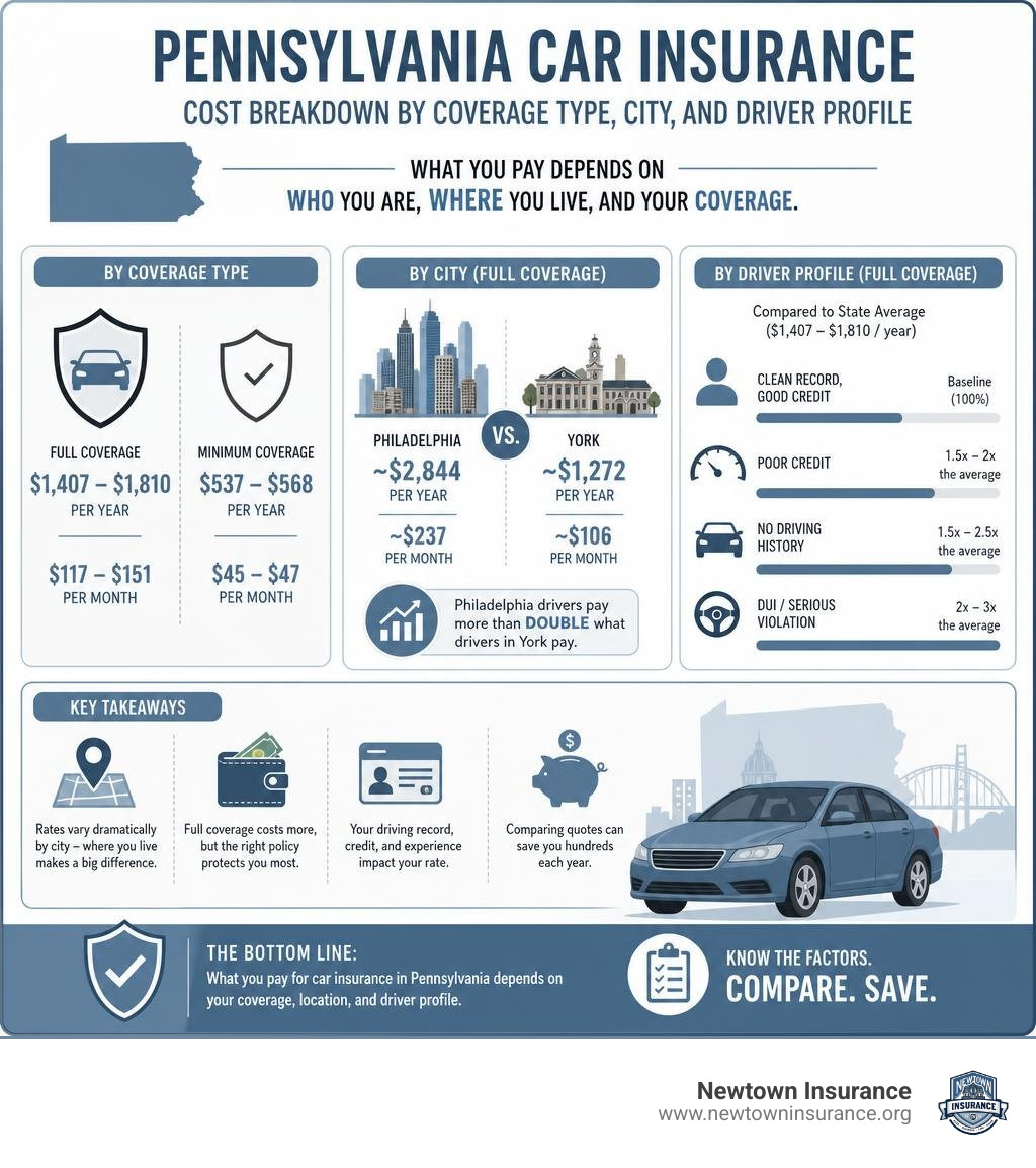 Infographic showing Pennsylvania car insurance cost breakdown by coverage type, city, and driver profile infographic Infographic showing Pennsylvania car insurance cost breakdown by coverage type, city, and driver profile infographic