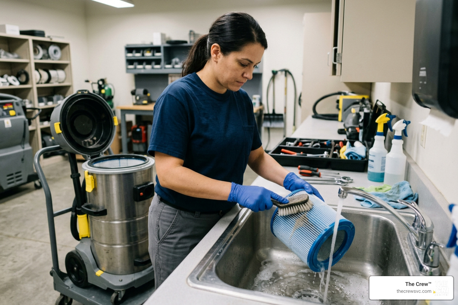 technician cleaning reusable commercial vacuum filter