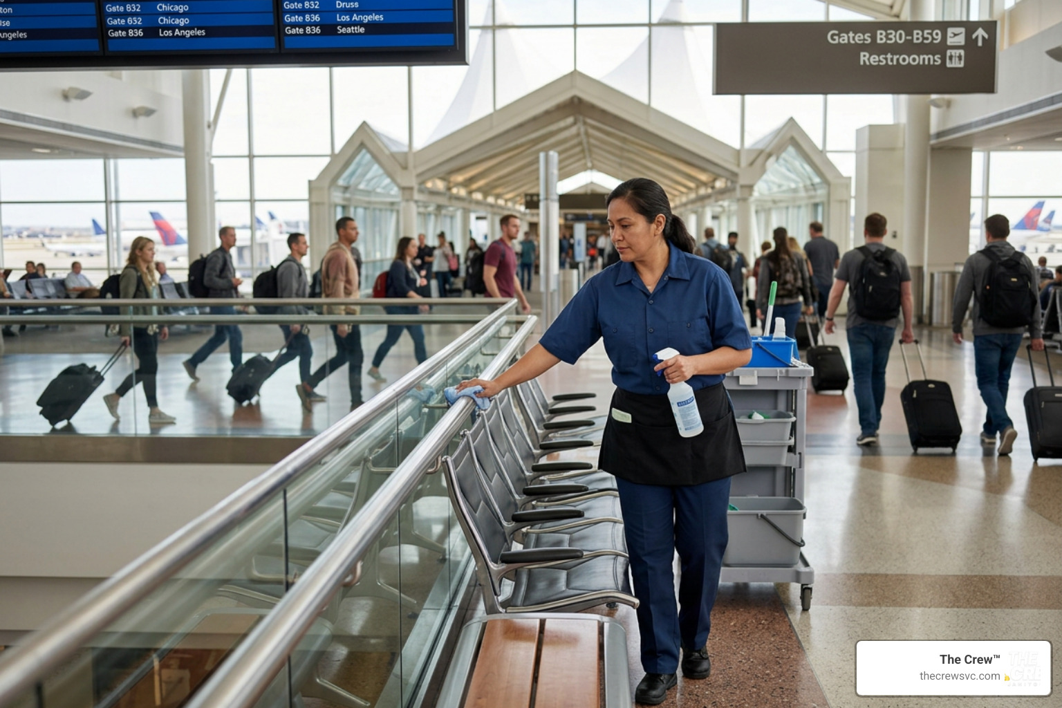 Day porter cleaning high-touch surfaces in a busy Denver airport concourse Day porter cleaning high-touch surfaces in a busy Denver airport concourse