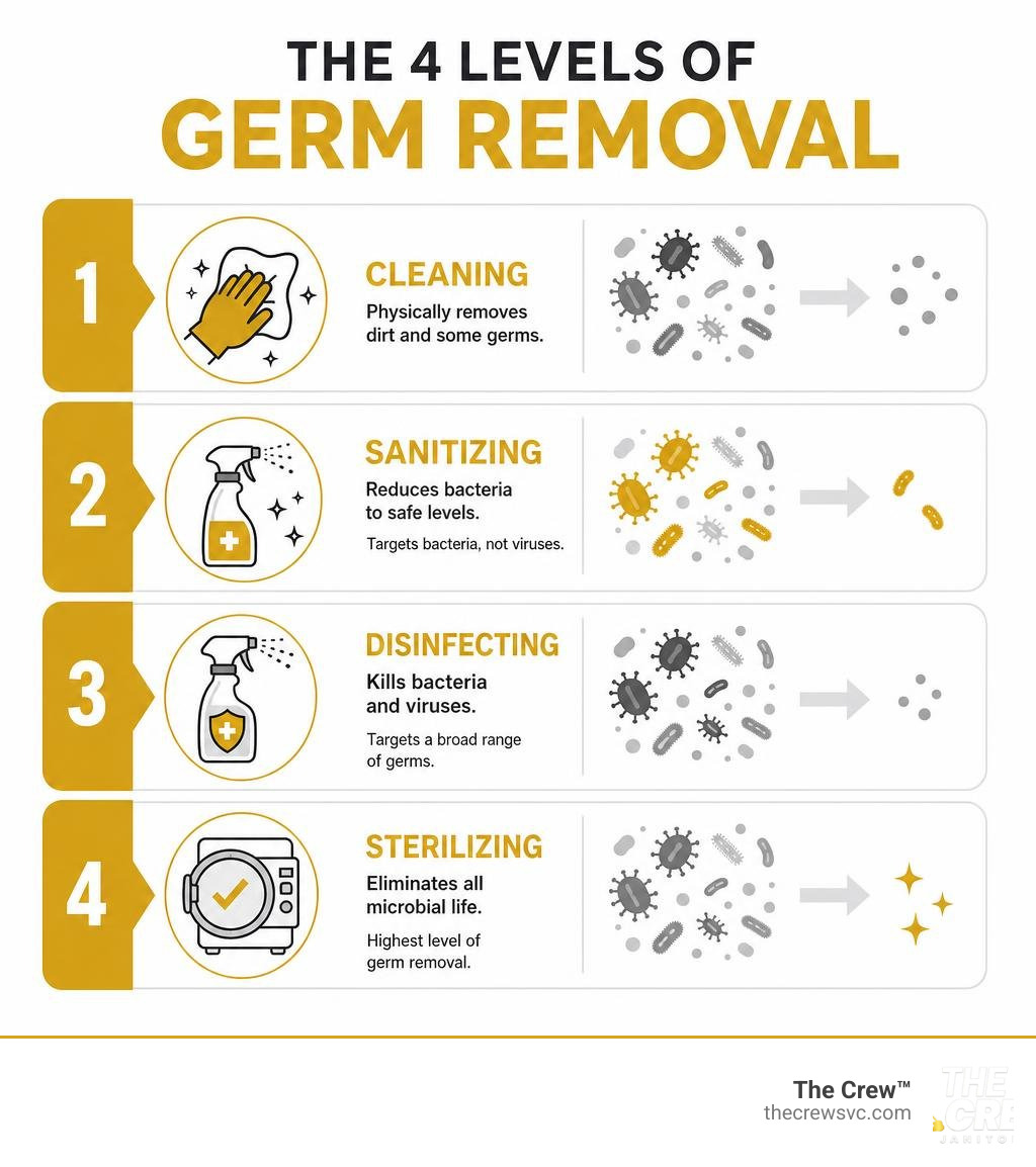 Infographic showing the four levels of germ removal: cleaning, sanitizing, disinfecting, sterilizing infographic Infographic showing the four levels of germ removal: cleaning, sanitizing, disinfecting, sterilizing infographic