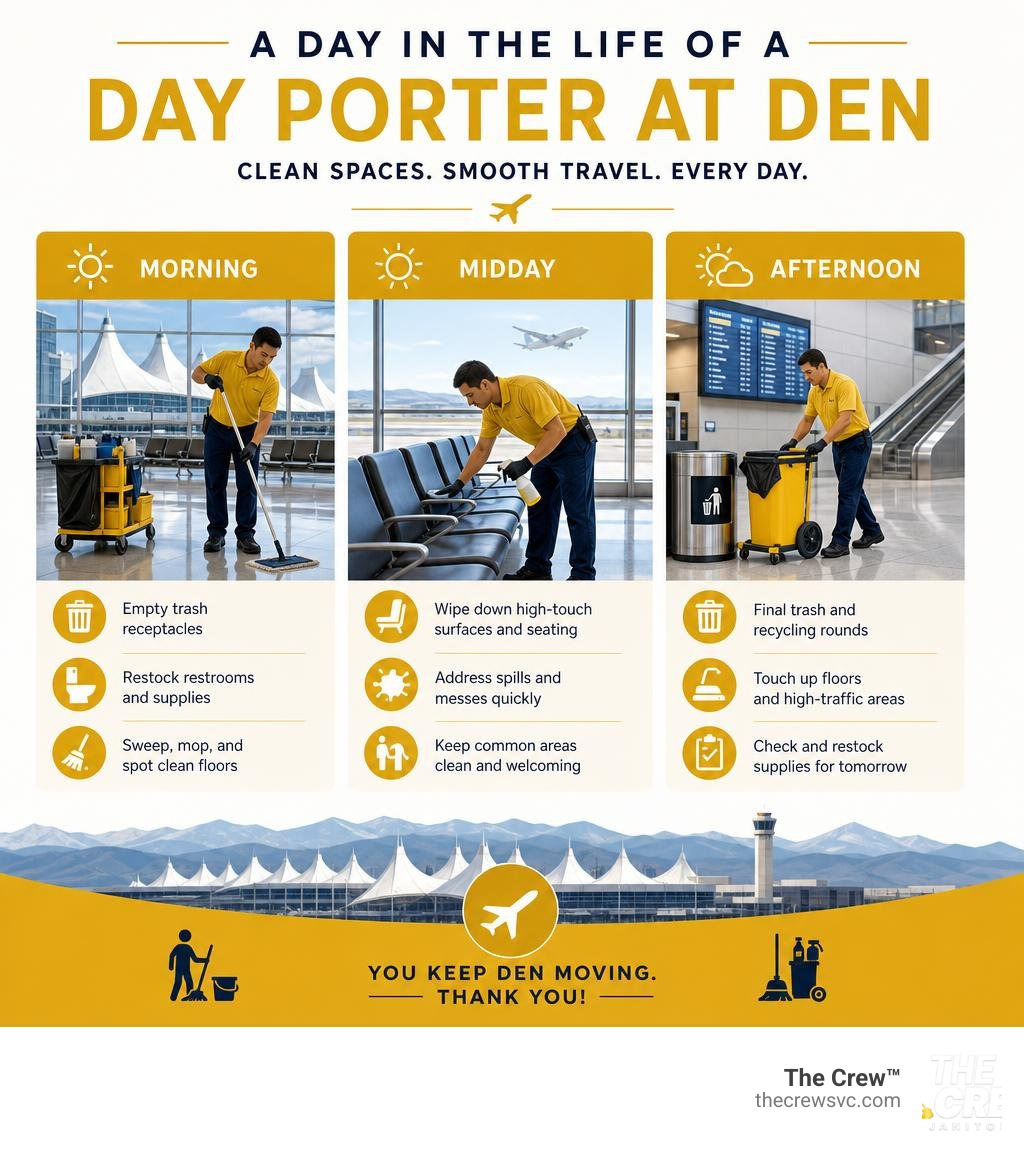 Daily schedule infographic for an airport day porter at DEN showing morning midday and afternoon tasks infographic Daily schedule infographic for an airport day porter at DEN showing morning midday and afternoon tasks infographic