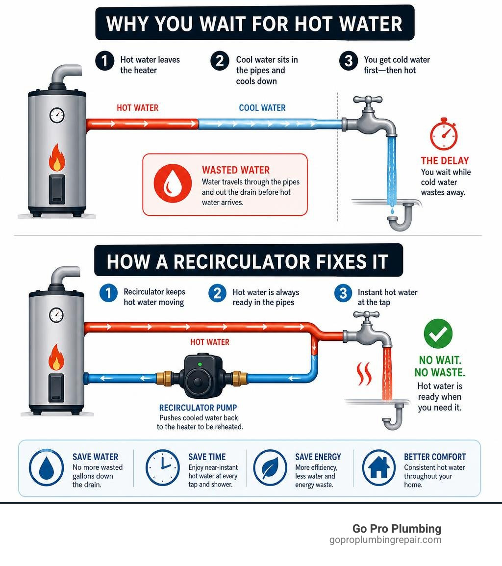 Infographic showing hot water path from heater to tap, water waste, and how a recirculator fixes the delay infographic