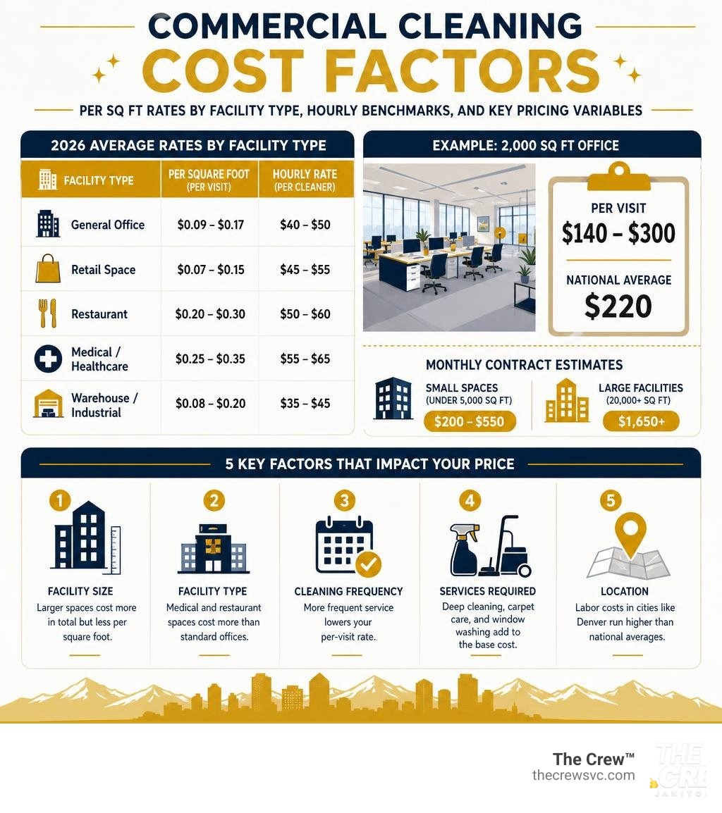 Commercial cleaning cost factors infographic: per sq ft rates by facility type, hourly benchmarks, and key pricing variables
