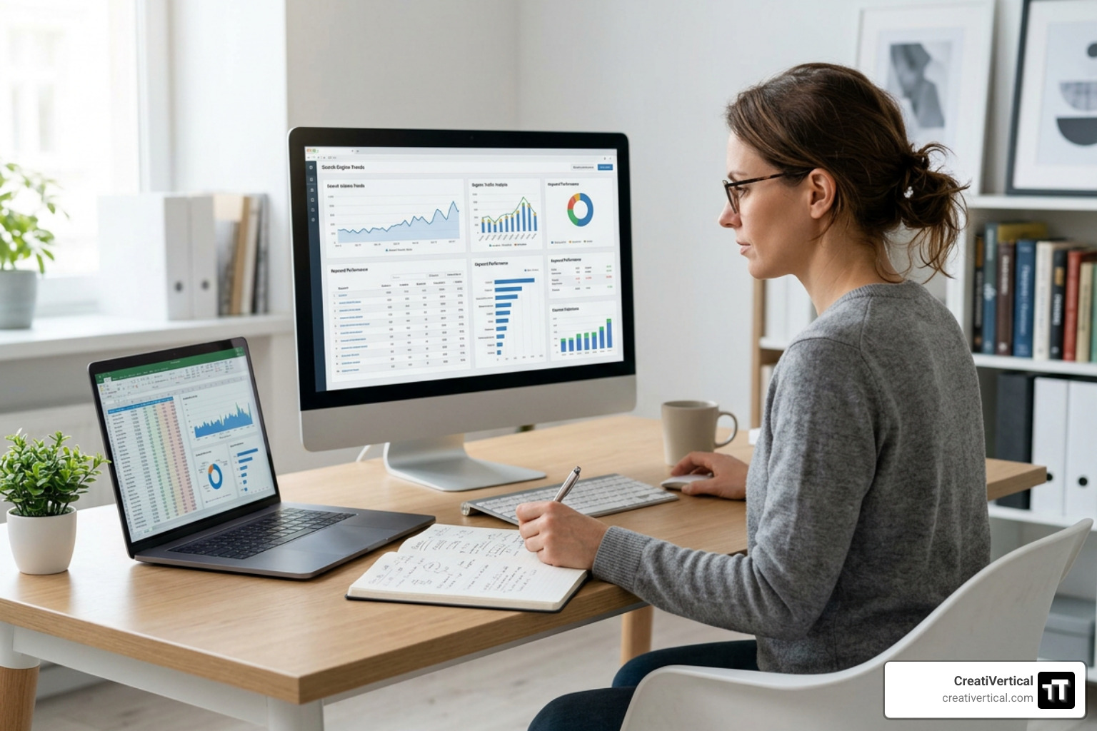 A digital marketer carefully analyzing search engine trends on a clean, symmetric workspace