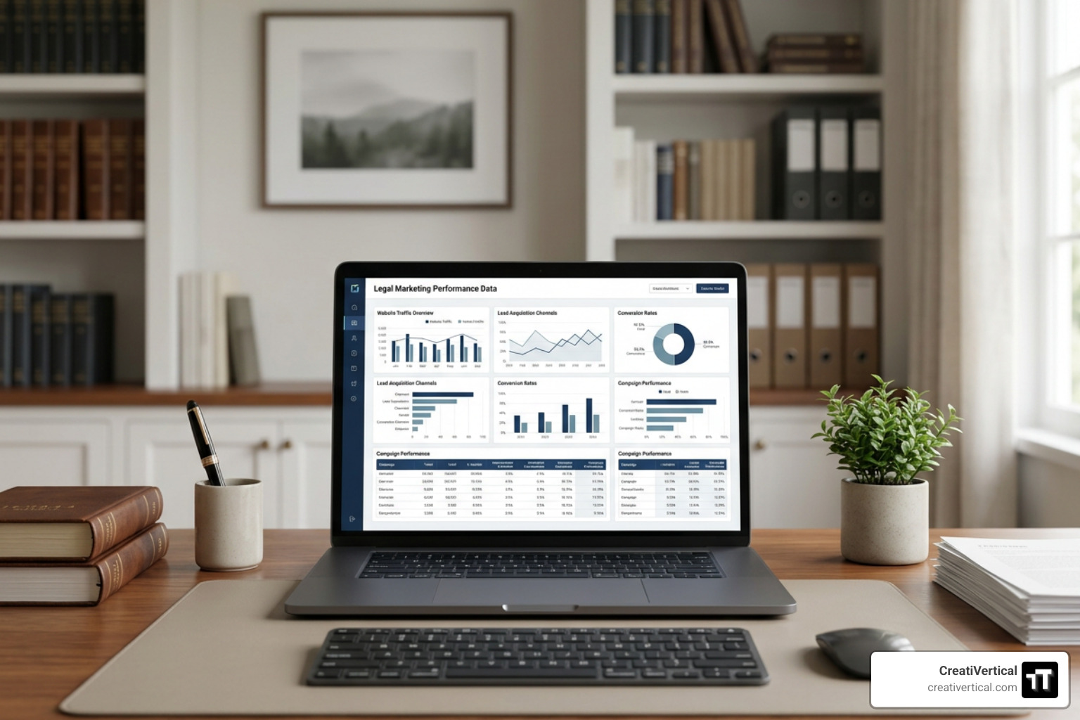 Symmetrical head-on shot of an elegant workspace with a laptop displaying legal marketing performance data