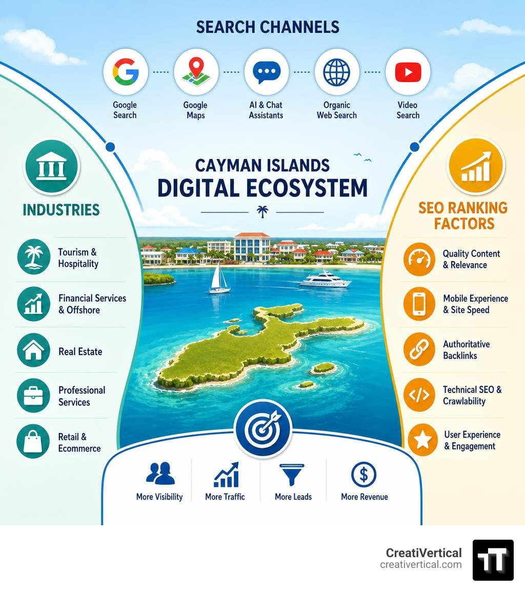 Cayman Islands digital ecosystem showing search channels, industries, and SEO ranking factors infographic