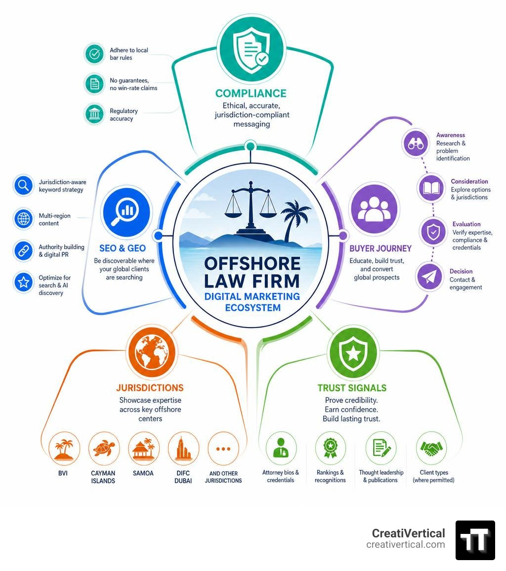 Offshore law firm digital marketing ecosystem: compliance, SEO, buyer journey, jurisdictions, and trust signals infographic