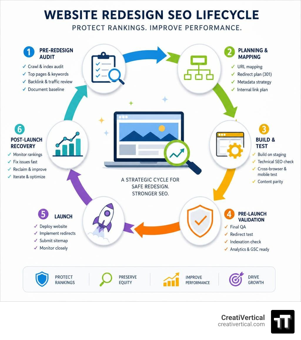 Website redesign SEO lifecycle infographic showing phases from pre-redesign audit through post-launch recovery infographic