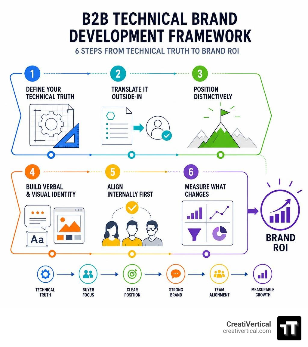 B2B technical brand development framework infographic showing 6 steps from technical truth to brand ROI infographic B2B technical brand development framework infographic showing 6 steps from technical truth to brand ROI infographic