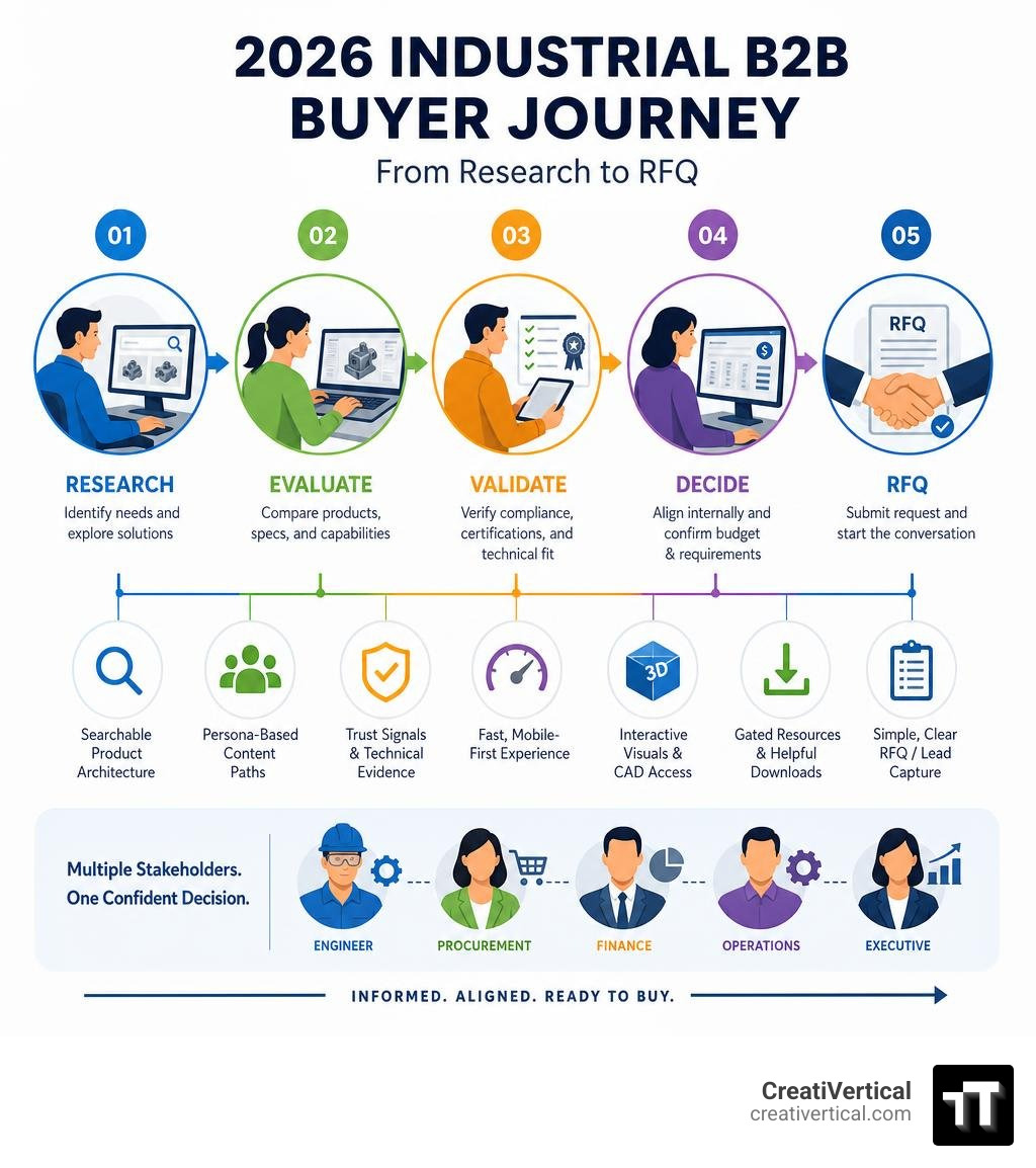 2026 industrial B2B buyer journey infographic with stages from research to RFQ infographic 2026 industrial B2B buyer journey infographic with stages from research to RFQ infographic