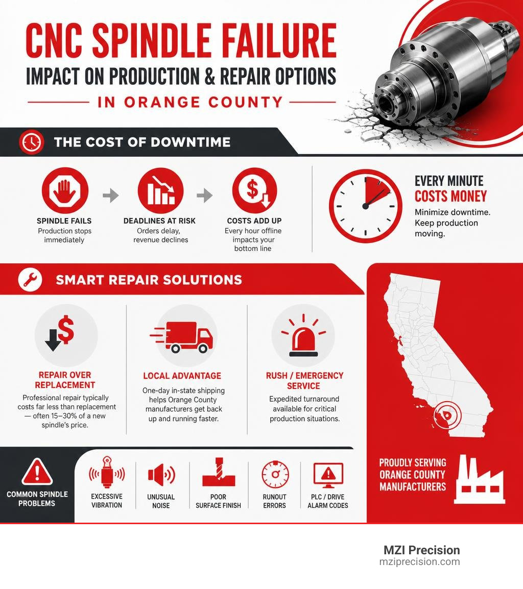 Infographic showing CNC spindle failure impact on production timelines and repair options in Orange County infographic Infographic showing CNC spindle failure impact on production timelines and repair options in Orange County infographic