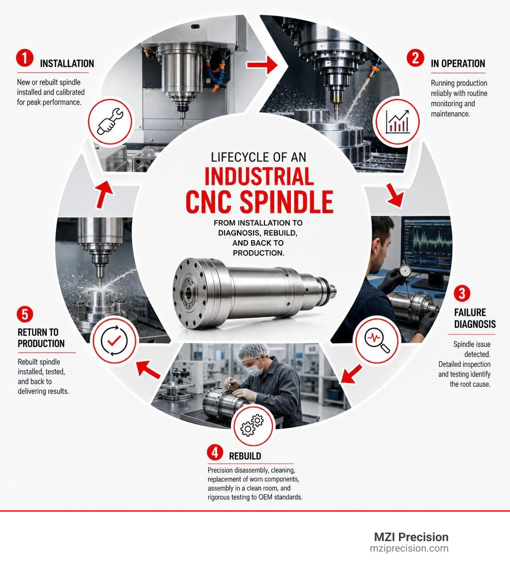 Lifecycle of an industrial CNC spindle from installation to failure diagnosis to rebuild and return to production infographic Lifecycle of an industrial CNC spindle from installation to failure diagnosis to rebuild and return to production infographic