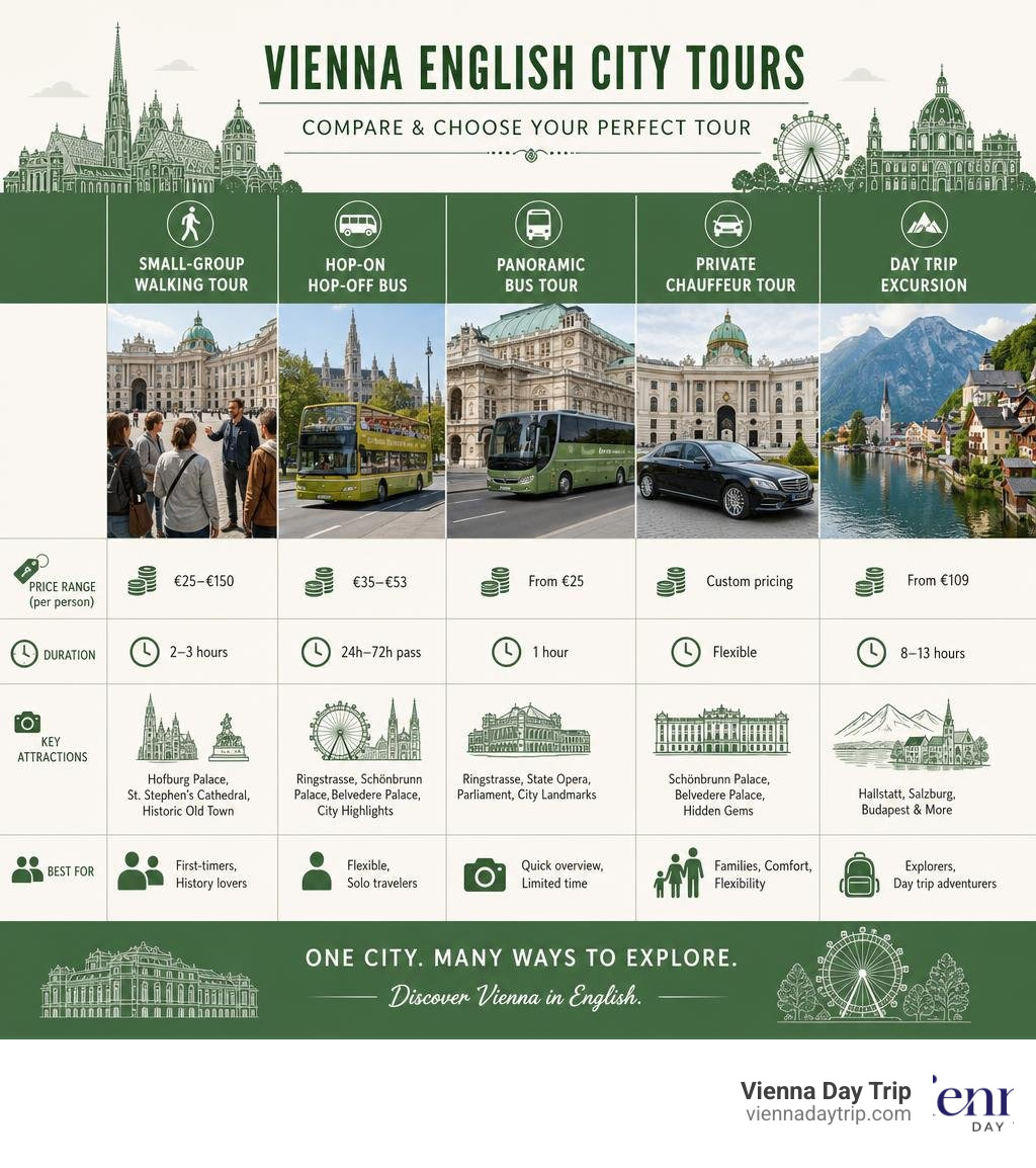 Comparison infographic of Vienna English city tour types, prices, durations, and key attractions infographic Comparison infographic of Vienna English city tour types, prices, durations, and key attractions infographic