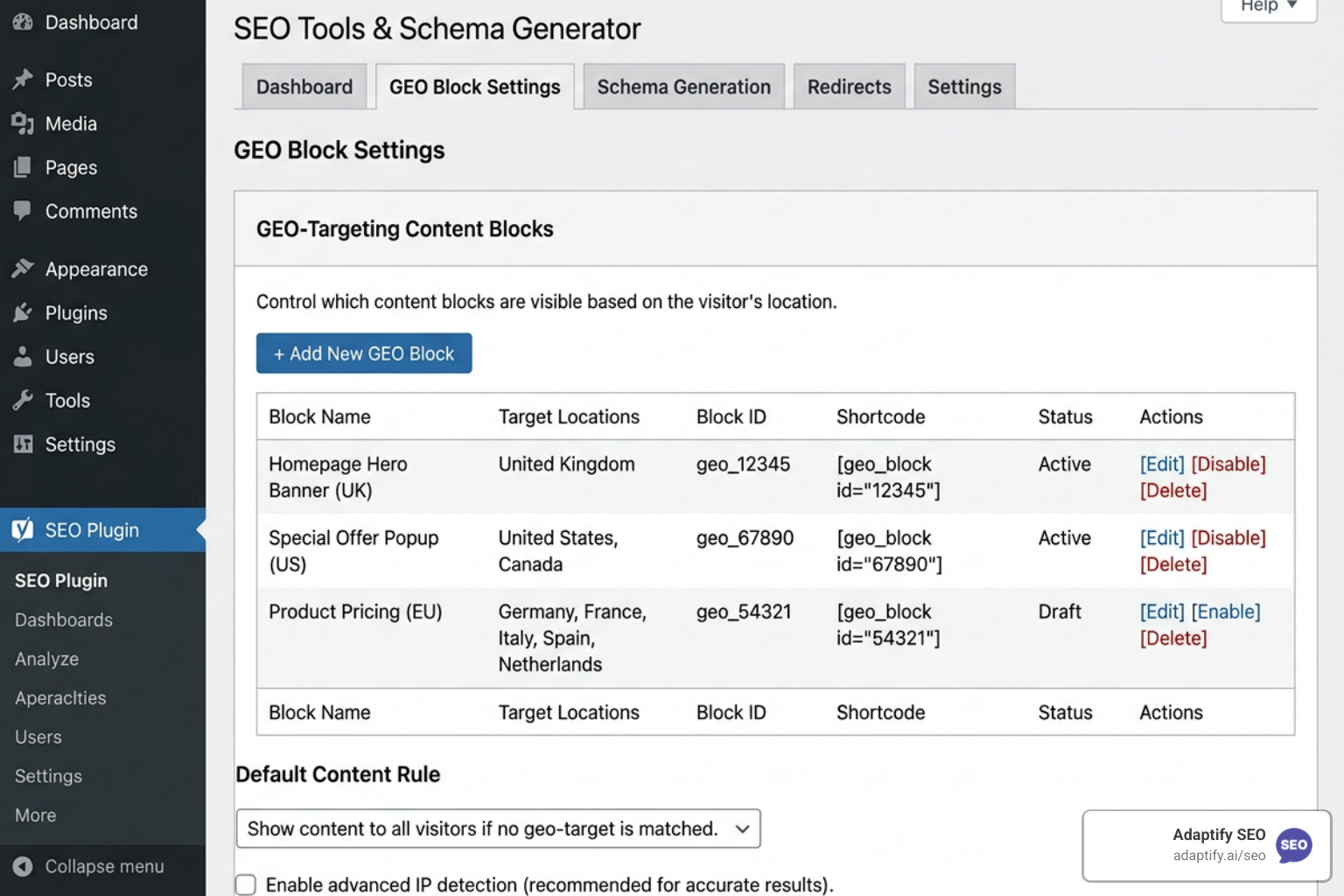 WordPress plugin interface showing GEO block and schema generation