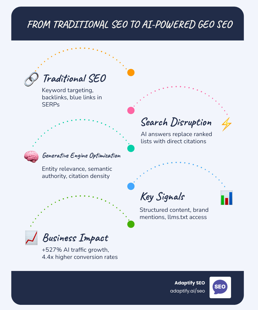 Infographic showing shift from traditional SERPs to AI-generated answers with GEO platform comparison infographic