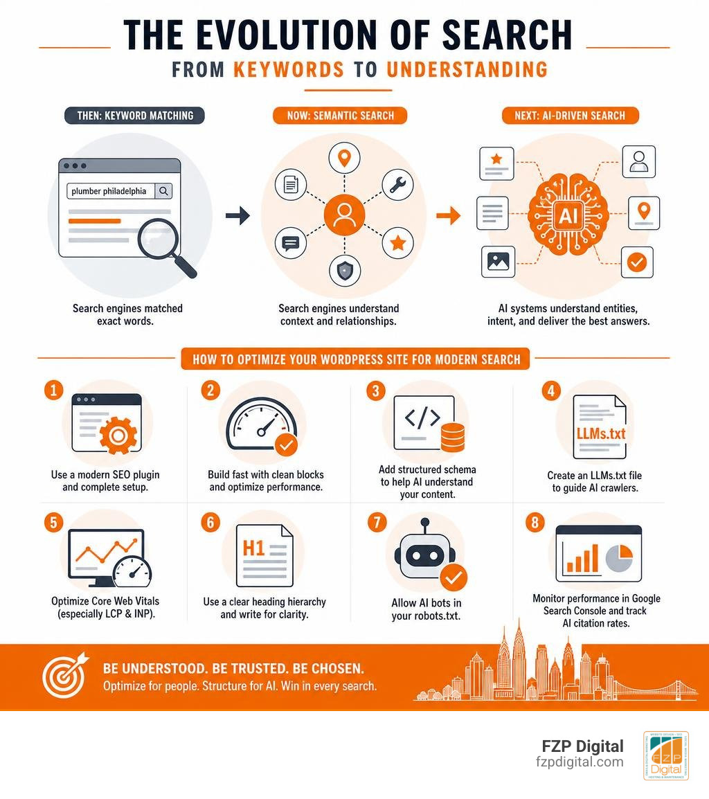 Infographic showing the evolution of search from keyword matching to AI-driven entity recognition and semantic search, with Infographic showing the evolution of search from keyword matching to AI-driven entity recognition and semantic search, with