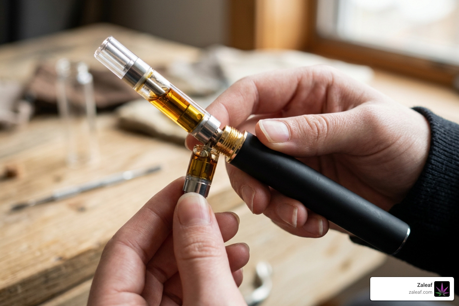 sleek 510 thread vape cart battery being connected to a cartridge