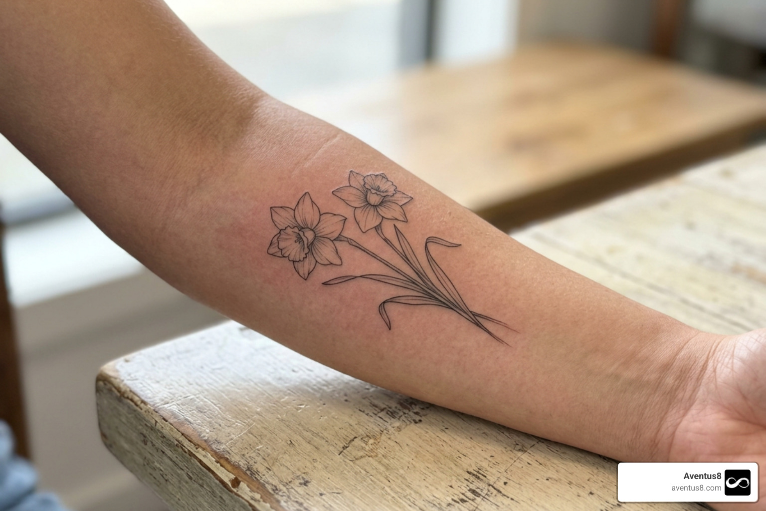 delicate fine line daffodil tattoo design on an arm representing the March birth flower