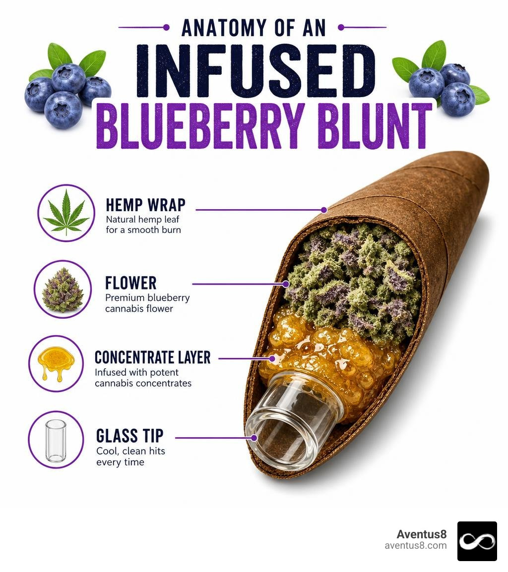 Anatomy of an infused blueberry blunt showing hemp wrap, flower, concentrate layer, and glass tip infographic