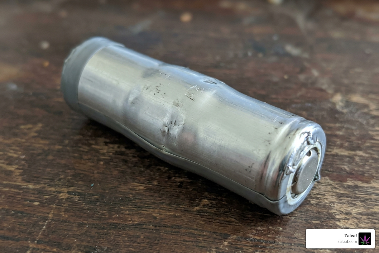 A close-up of a swollen lithium-ion vape battery showing clear structural damage