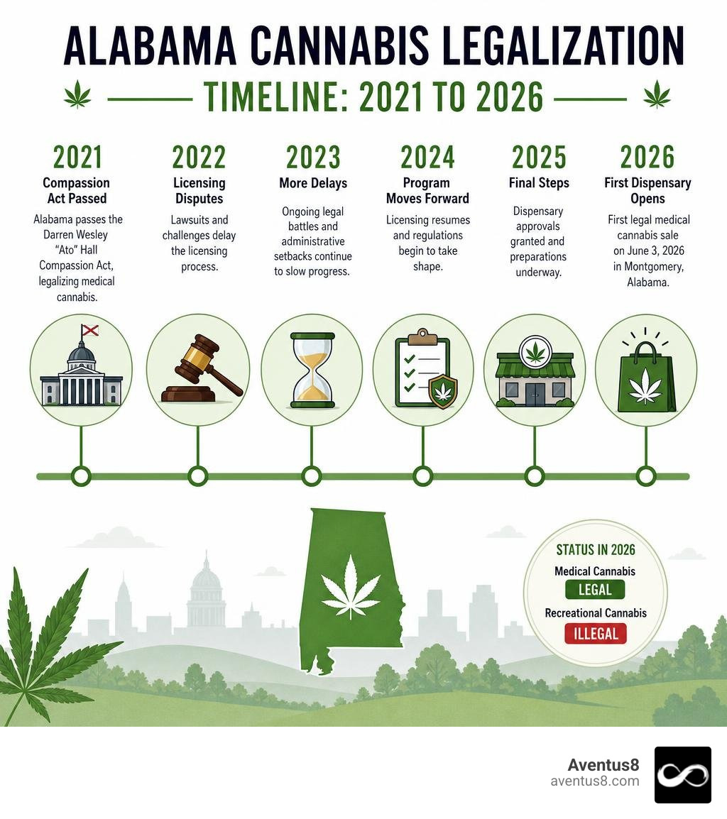 Alabama cannabis legalization timeline from 2021 Compassion Act to 2026 first dispensary opening infographic