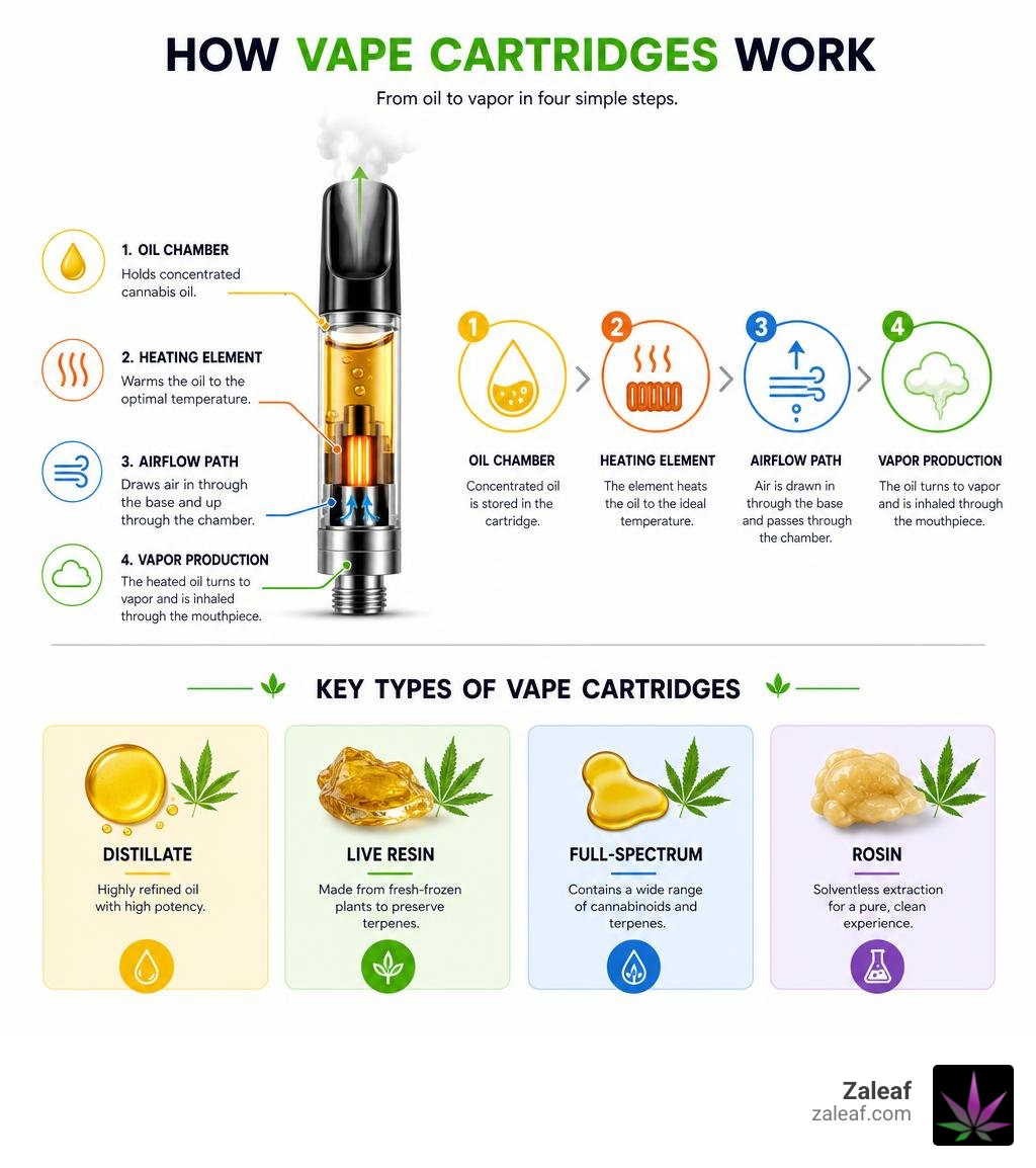 Infographic showing how vape cartridges work: oil chamber, heating element, vapor production, and key types infographic