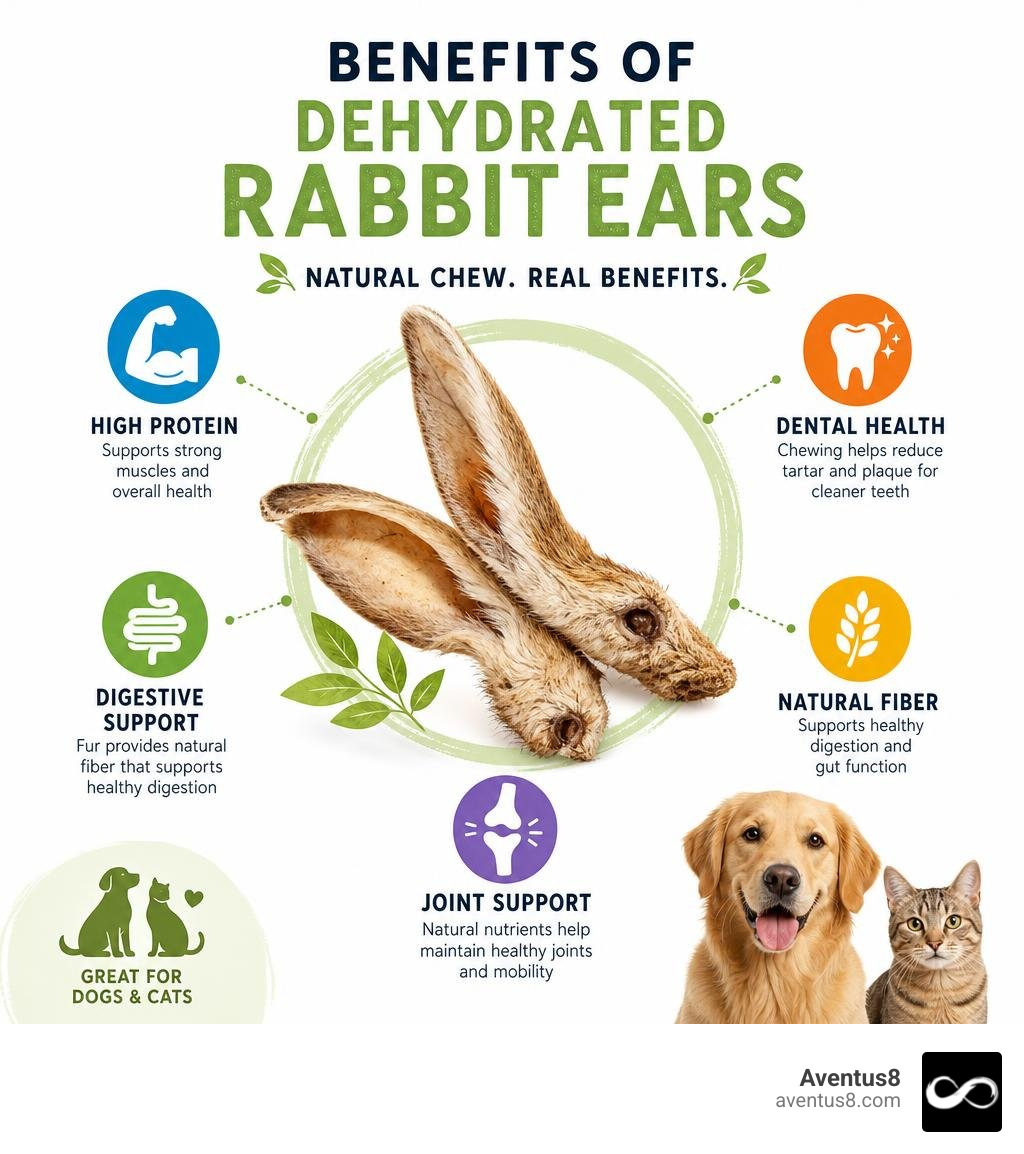 infographic showing benefits of dehydrated rabbit ears protein fiber dental digestion joint support infographic