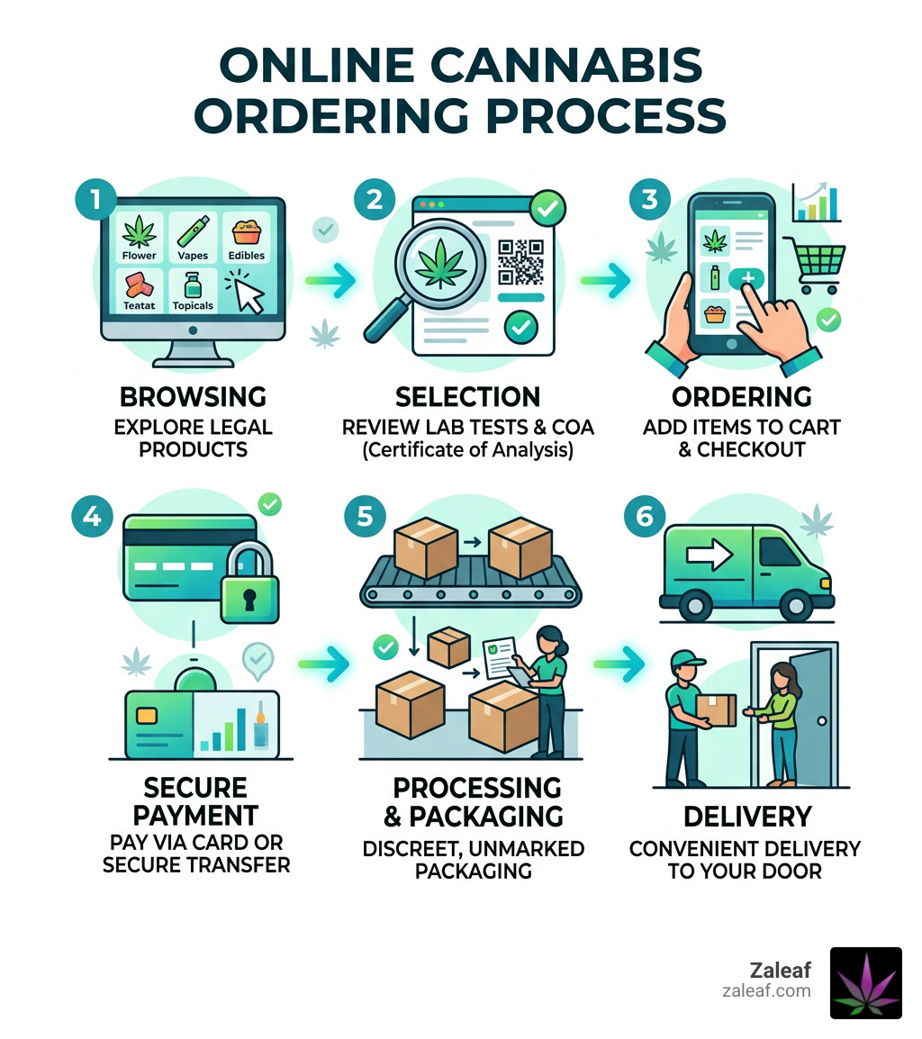 Infographic showing the online cannabis ordering process from browsing to discreet delivery infographic