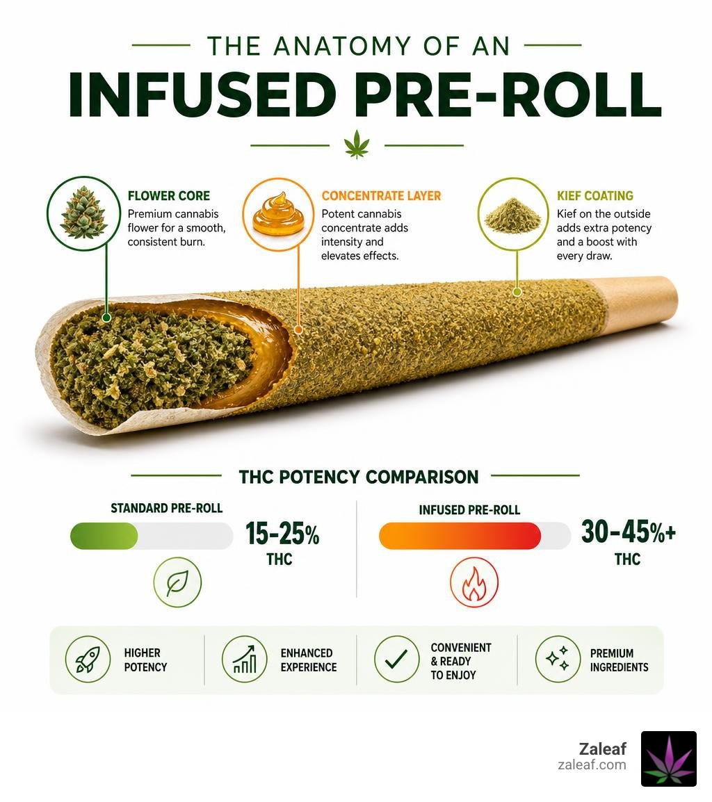Anatomy of an infused pre roll showing flower core, concentrate layer, and kief coating with THC percentage comparison