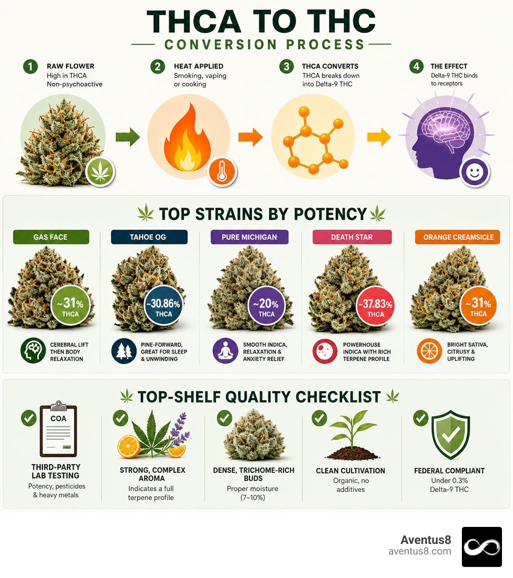 Infographic showing THCA to THC conversion process, top strain potency, and quality checklist infographic